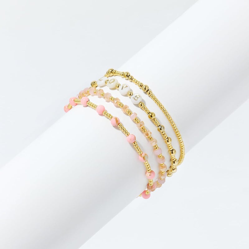 Pymach Store Dainty Gold Plated Pearl Crystal Beaded Bracelets Set for Women 14K Gold Plated Bead Pearl Beads Bracelet Stackable Paperclip Link Chain Bracelets Gold Plated Bracelets for Women Trendy Jewelry - Image 2
